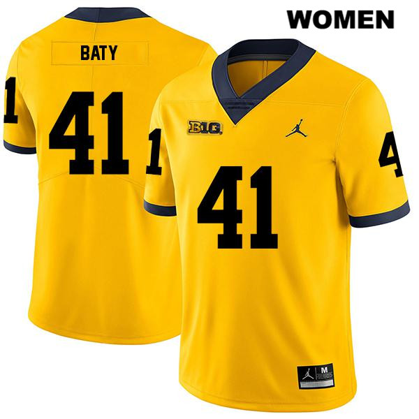 Women's NCAA Michigan Wolverines John Baty #41 Yellow Jordan Brand Authentic Stitched Legend Football College Jersey UF25D38ZM